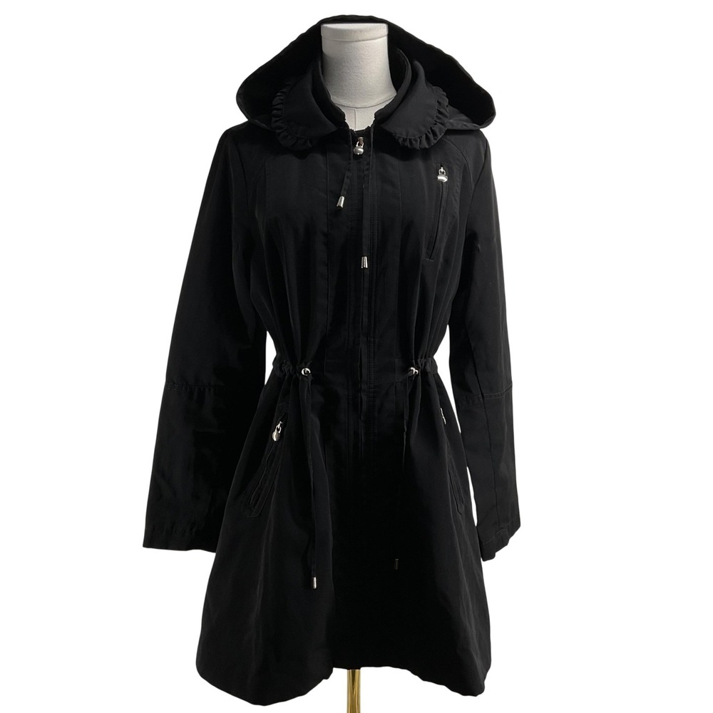 Braefan Coat Womens M Black Polyester Parka Hooded Lined Pockets Ruffle Zipper